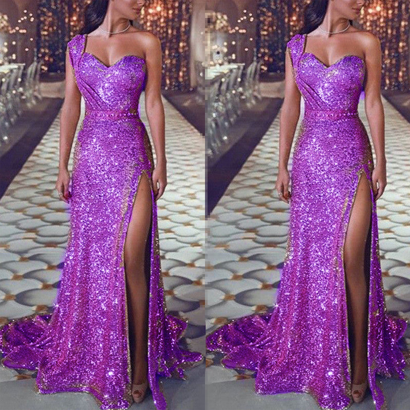Women's Clothing One-shoulder Sleeveless Bronzing Split Dress c371a225 3c9b 4ffa 864d 6c8a468c20a2