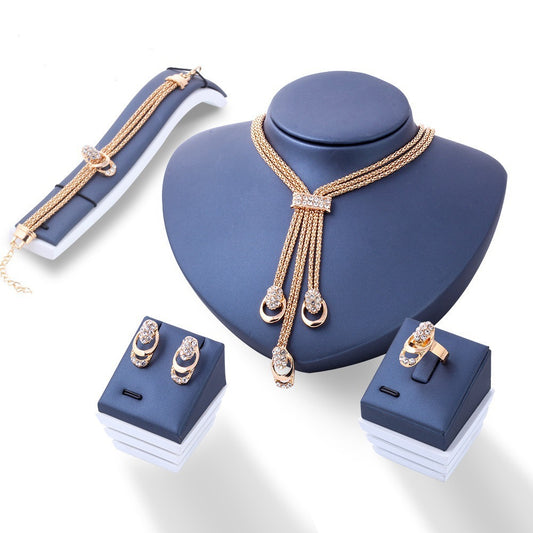 Ornament Vintage Metal Diamond-studded Necklace Earring Ring Bracelet Four-piece Diamond Jewelry Set Combination c39e9923 325