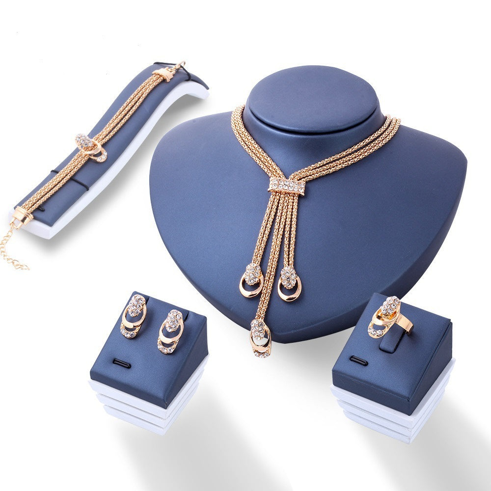 Ornament Vintage Metal Diamond-studded Necklace Earring Ring Bracelet Four-piece Diamond Jewelry Set Combination c39e9923 325
