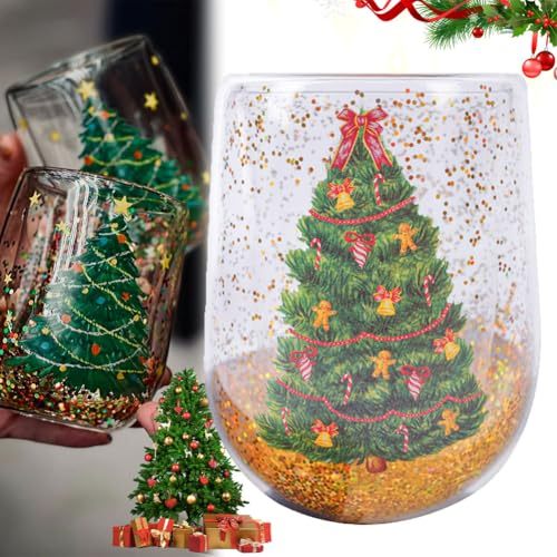Christmas Tree Cups Heat Resistant Double Layer Flowing Sequins Christmas Cup Household Handwork Cartoon Christmas Trees Tumb