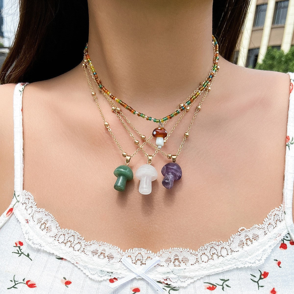 Cute Contrast Color Bead Vacation Style Necklace Summer Colorful Beaded Mushroom Necklace For Women c481fa7d a7fd 4774 997c 8