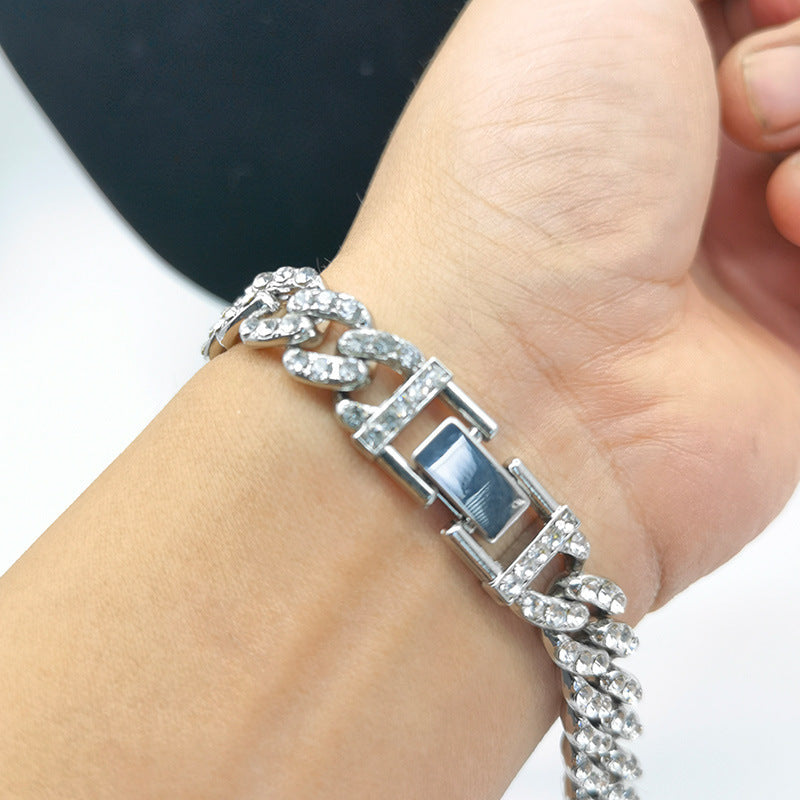 12mm Wide Single Row Simple Alloy With Diamond Cuban Link Chain - HD Wireless Product #6