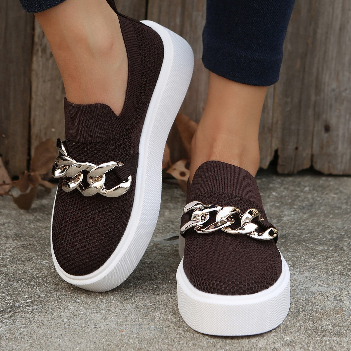 Spring And Autumn New Thick Bottom Shallow Mouth Knitted Mesh Chain Outer Wear Casual Women's Shoes c4c9e0ee 2916 4e4b b6ab 5