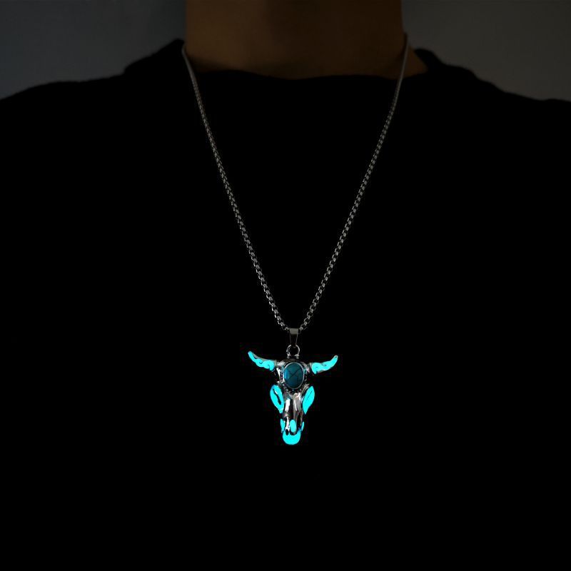 Men's Turquoise Gemstone Bull Head Luminous Stainless Steel Necklace c4d2d3c3 09f9 4dcd 8ff7 8148944619ce