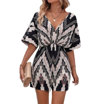Printed V-neck Back Bandage Bow One-piece Shorts c4f86e2d d406 4ae5 b1d4 7707865fe408
