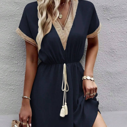 Women Stylish Summer V-Neck Fringed Belted Dress c517d9af 9fd3 4759 b401 f2a86911fb78