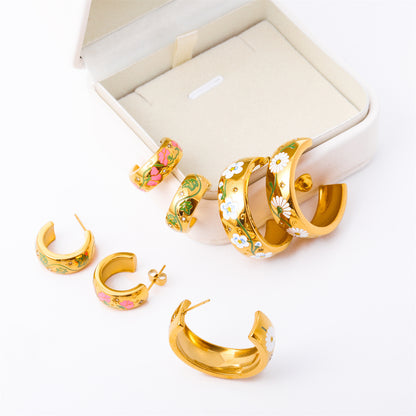 Painted Flower Flower Rose C- Shaped Earrings c54ca57b d0e1 48eb 87f9 1e2ad5a00826