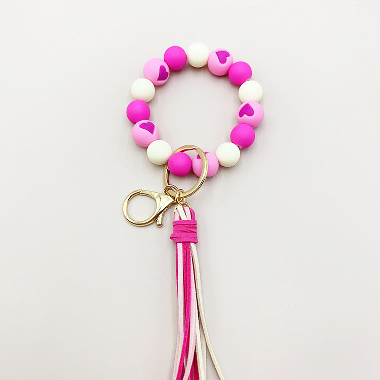 Cross-border Hot Selling Korean Velvet Tassel Cute Small Peach Heart Silicone Beads Bracelet Keychain Female Bracelet Car Sui