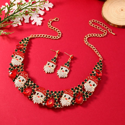 3pcs Christmas Necklace Earrings Set With Colored Rhinestones Ins Fashionable Shiny Santa Claus Necklace For Womens Jewelry c