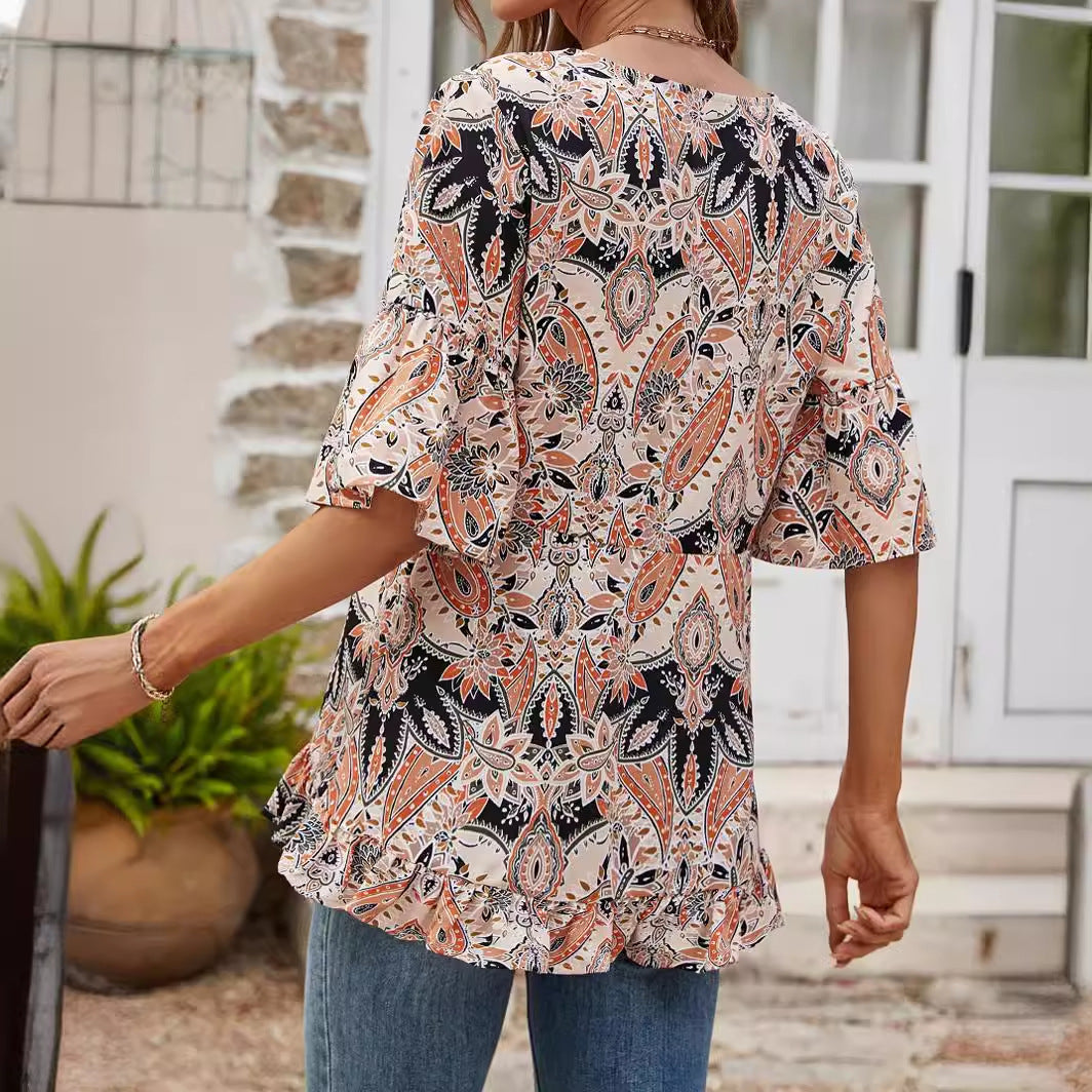 V-neck Printed T-shirt Casual Bell Sleeve Top c6a99550 e907 41a0 9e97 25aab7dcc93b