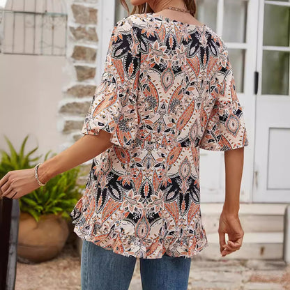 V-neck Printed T-shirt Casual Bell Sleeve Top c6a99550 e907 41a0 9e97 25aab7dcc93b