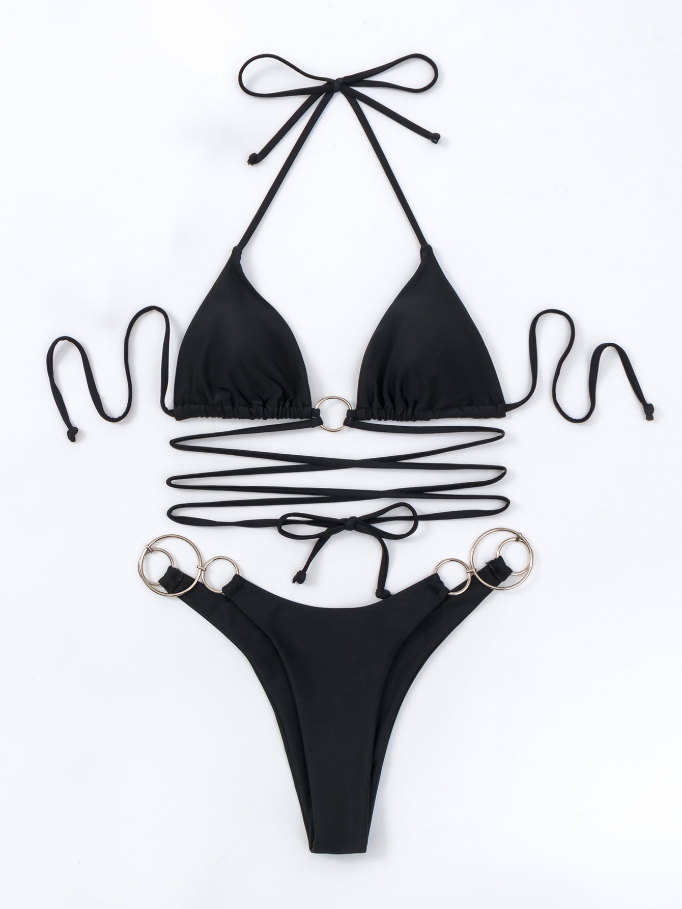 Women's Solid Color Metal Ring Long Strap Split Bikini Swimsuit Set c6cc9c3c 1f4b 47ae a9ac ebaafa28c739