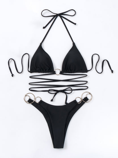 Women's Solid Color Metal Ring Long Strap Split Bikini Swimsuit Set c6cc9c3c 1f4b 47ae a9ac ebaafa28c739