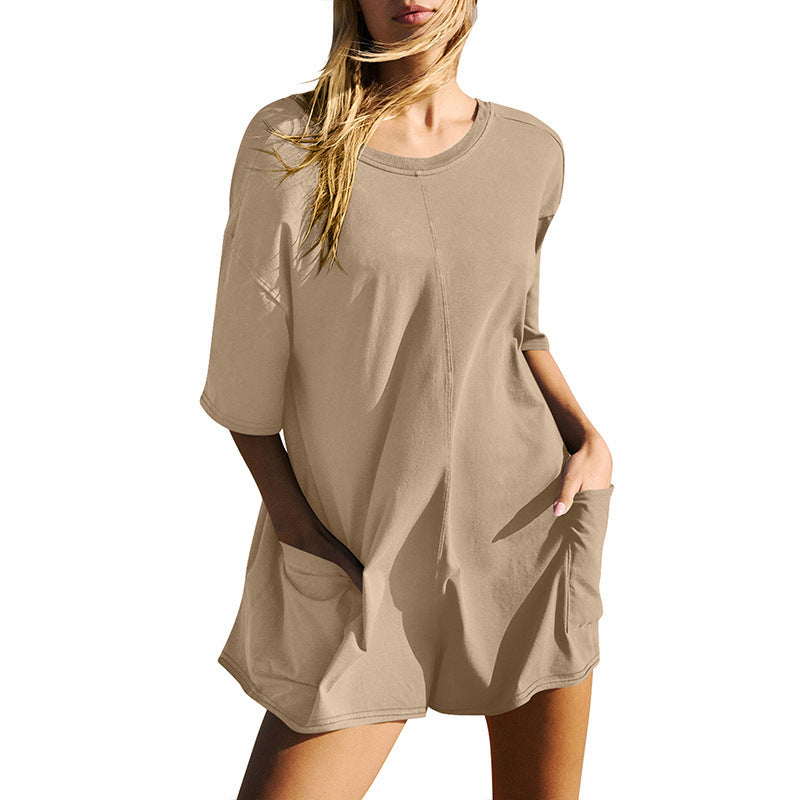 Casual Loose Short-sleeved Jumpsuit With Pockets New Crew Neck Shorts Overall Pants Summer Womens Clothing c833415c 6350 4120
