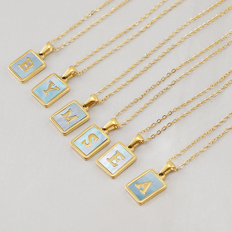Titanium Steel 26 English Letter Necklace Blue Shell c9306be9 3b19 4bd4 a3fc 14c2fa096022
