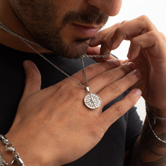 Men's Layered Nautical Travel Compass Pendant Necklace ca85360f b73c 4777 bfe3 6c21fc82923f
