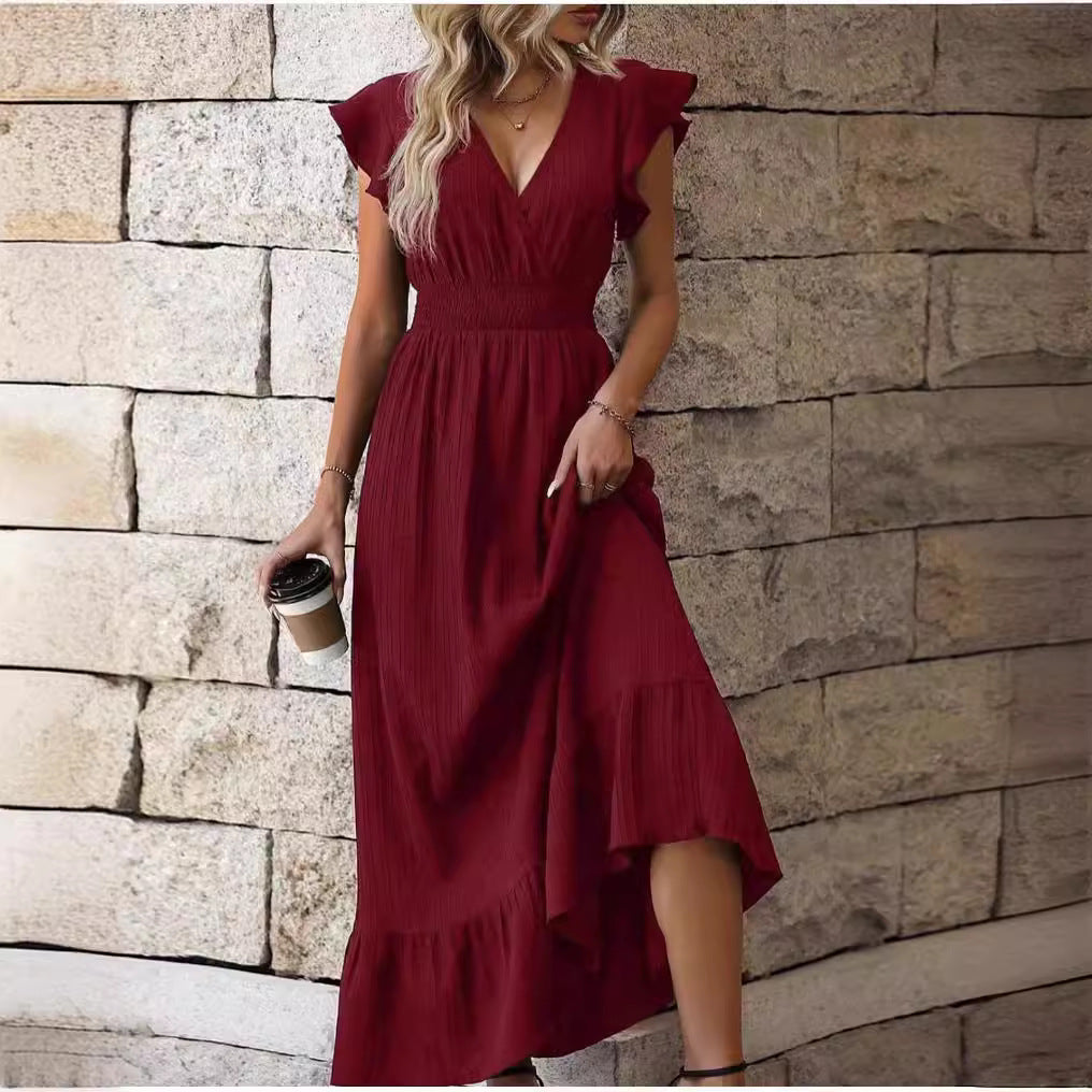 V-neck Ruffled Sleeve Solid Color Dress Leisure Vacation A- Line Skirt ca96cc2b b211 4109 9e76 43fe428855e1