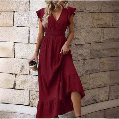 V-neck Ruffled Sleeve Solid Color Dress Leisure Vacation A- Line Skirt ca96cc2b b211 4109 9e76 43fe428855e1