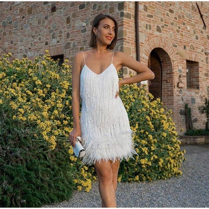 Sexy Tassel Sequins Feather Summer Mini Dress Women V Neck Spaghetti Strap Stitching Dresses Female Elegant Evening Party Clu