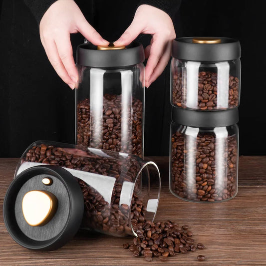 Vacuum Sealed Jug Set Black Coffee Beans Glass Airtight Canister Kitchen Food Grains Candy Keep Good Storage Jar Set Kitchen 