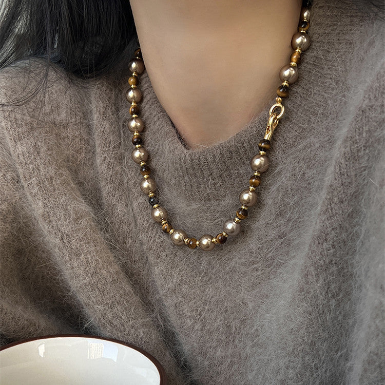 Brown Tiger Eye Pearl Necklace Autumn And Winter Light Luxury Niche Sweater Chain Women Fashion Jewelry caedeb1b 5cd7 4d85 aa