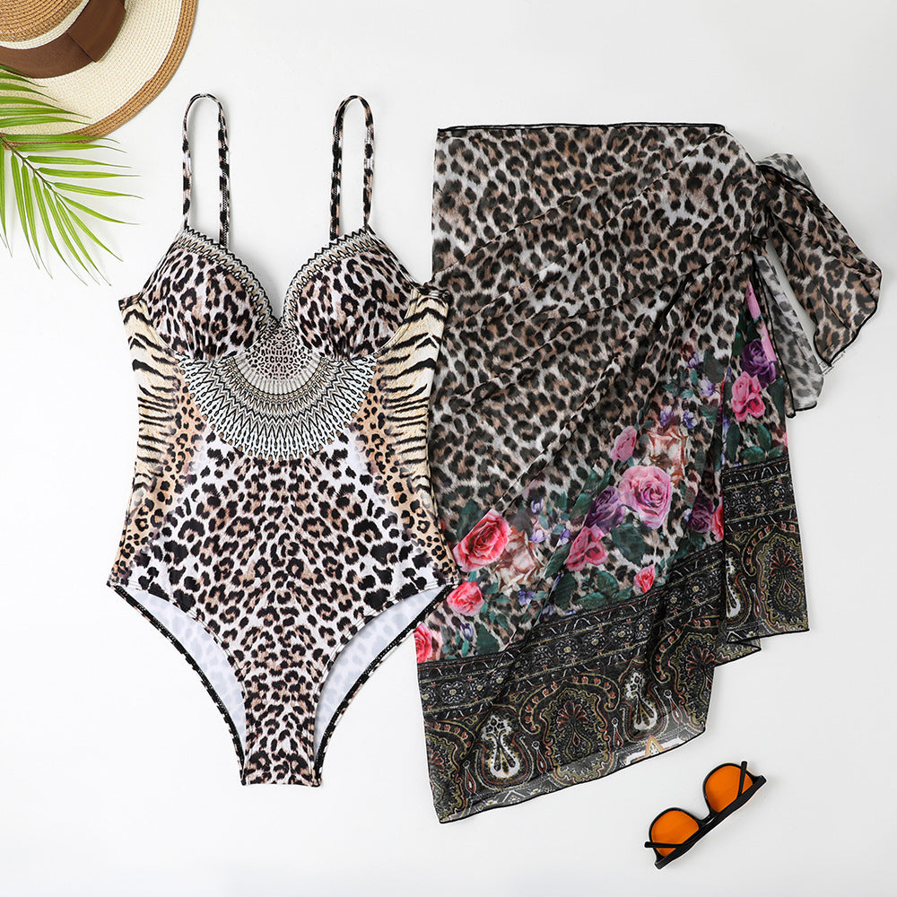 Women's Leopard Print Casual One-piece Swimsuit Mesh Long Dress cb4700ce c69f 49e3 ac0e 1f0d57ff0e3f