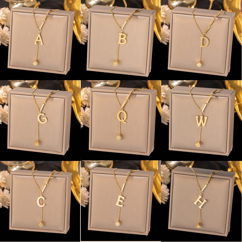 Necklace Ornament Titanium Steel Tassel 26 Letters Female Small Square Pendant Graceful Personality Jewelry cb53ebb0 b03f 4d8