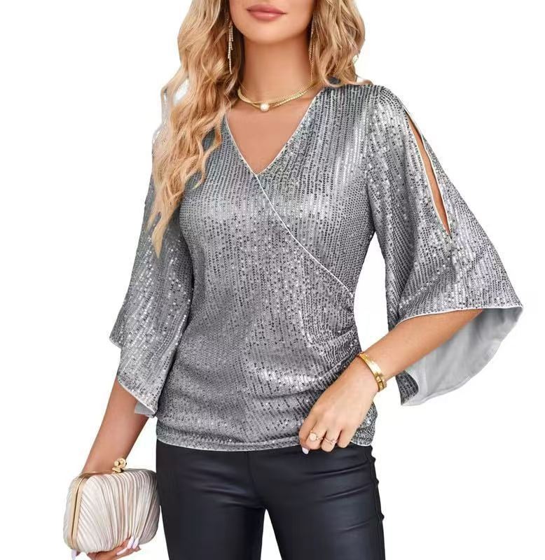 Loose Mid-length Sequined T-shirt Women's Short Sleeve cb68b229 c896 49e9 8f5d 44cda3587668