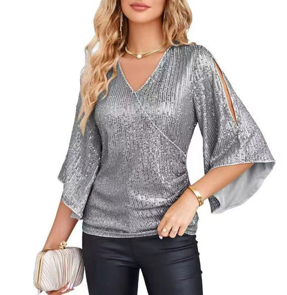 Loose Mid-length Sequined T-shirt Women's Short Sleeve cb68b229 c896 49e9 8f5d 44cda3587668