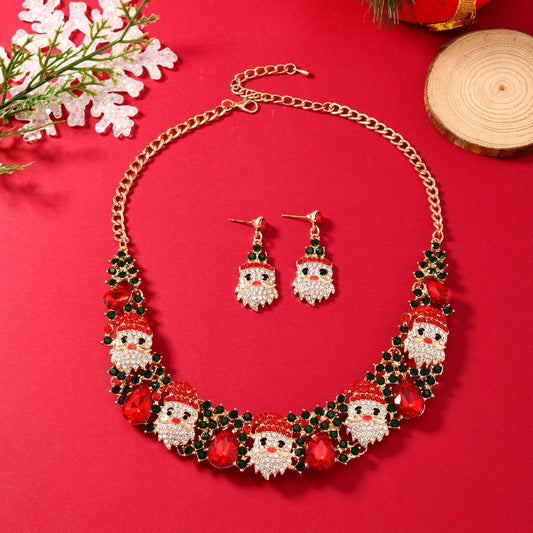 3pcs Christmas Necklace Earrings Set With Colored Rhinestones Ins Fashionable Shiny Santa Claus Necklace For Womens Jewelry c