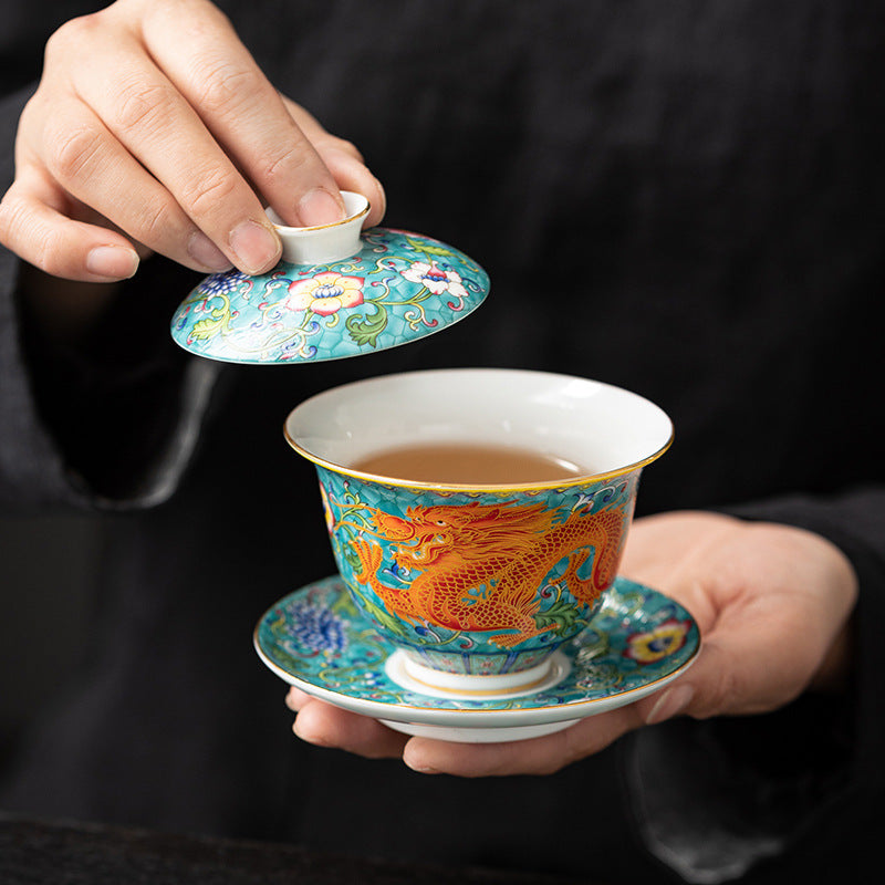 Enamel Ceramic Gaiwan Dragon And Phoenix Tea Cup cd1dde63 3f2b 4cc6 bd20 b455ddf39f82