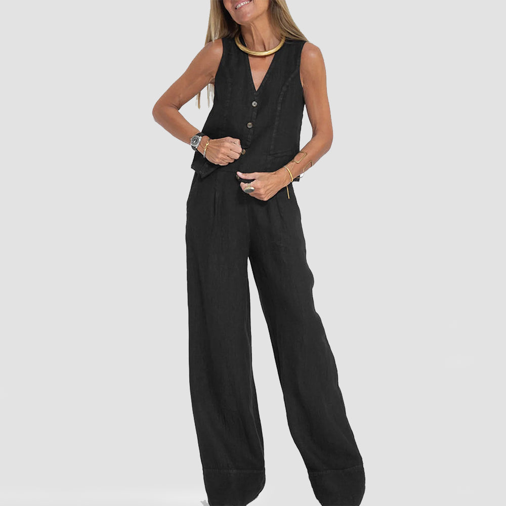 Summer Vest Suits V-neck Botton Sleeveless Top And Loose Straight Trousers Casual Womens Clothing