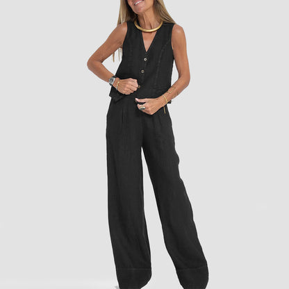 Summer Vest Suits V-neck Botton Sleeveless Top And Loose Straight Trousers Casual Womens Clothing