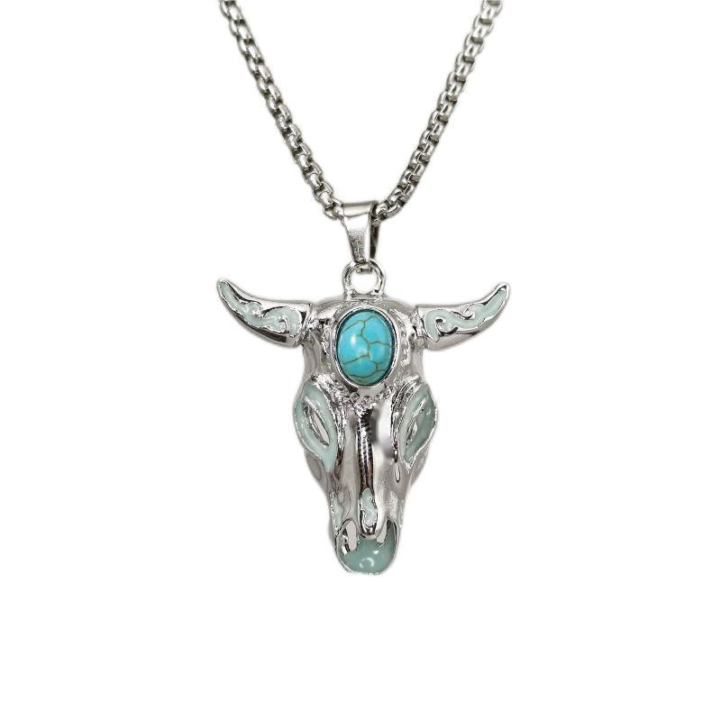 Men's Turquoise Gemstone Bull Head Luminous Stainless Steel Necklace cde2cb4b 714d 4951 b050 d5eb511dccc8