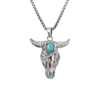 Men's Turquoise Gemstone Bull Head Luminous Stainless Steel Necklace cde2cb4b 714d 4951 b050 d5eb511dccc8