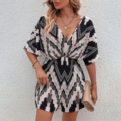 Printed V-neck Back Bandage Bow One-piece Shorts ce273c2e 274d 48ab 8c99 e66919f633ae