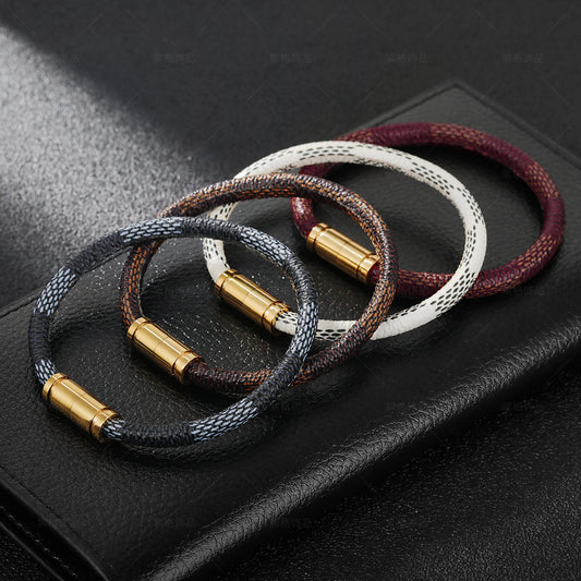 Stainless Steel Magnetic Buckle Leather Striped Bracelet ce80f299 04c5 42ae 9451 946f1b228d7f