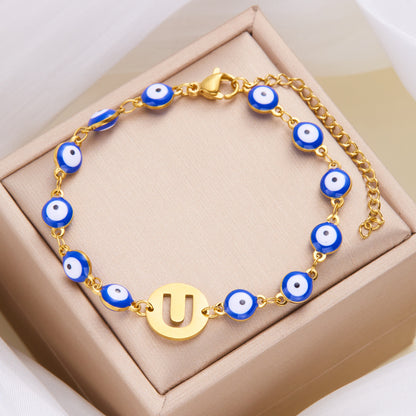 Women's High-grade Stainless Steel Blue Eyes Fashion Hollowed-out 26 Letter Bracelet cecfe769 101f 4d99 970d 4b58bffa206a