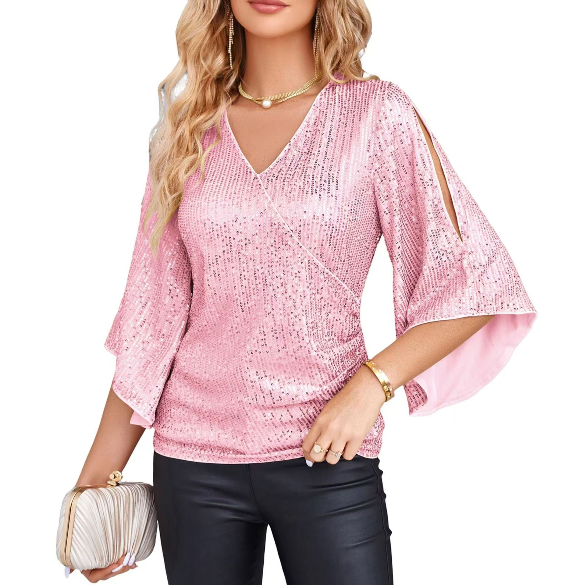 Loose Mid-length Sequined T-shirt Women's Short Sleeve cefa1202 71c0 4e77 a09a bd12b70e01c6