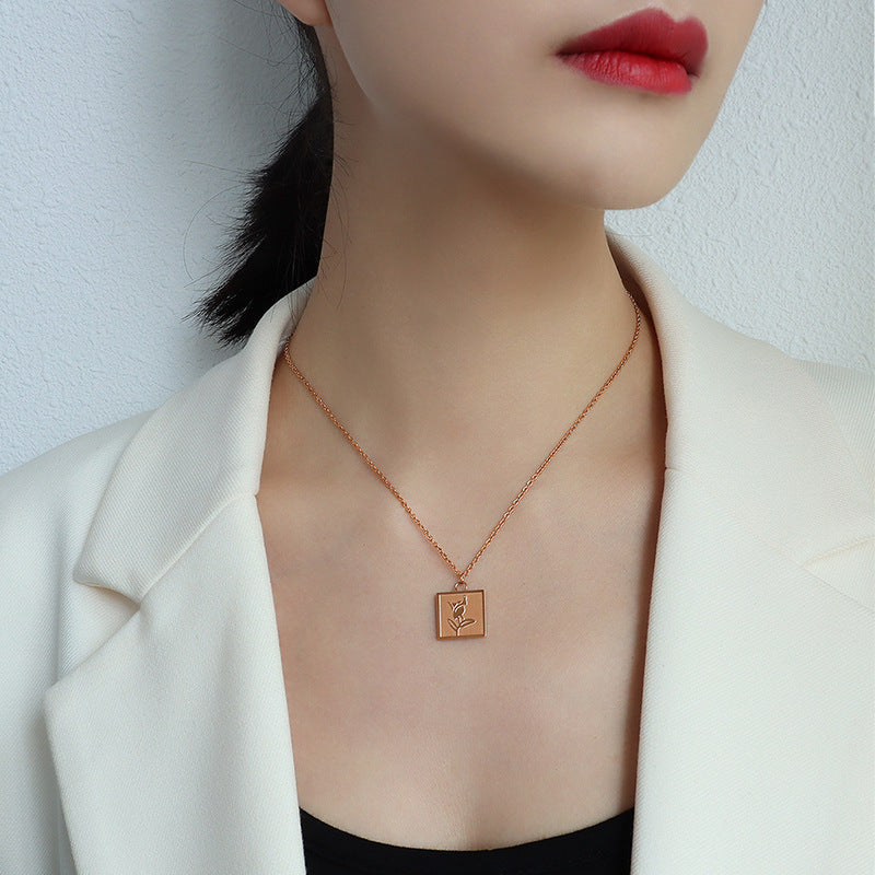 European And American Ins Wind Rose Flower Pendant Square Necklace cf0c3268 bfed 4c6c a1b8 f456547f8f08