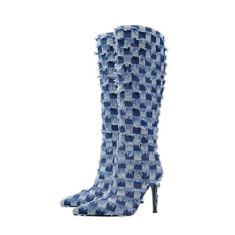 Chessboard Plaid Denim Blue Cloth Women's Boots cf89ca2b 755e 47b5 be42 a65d3d8f1105