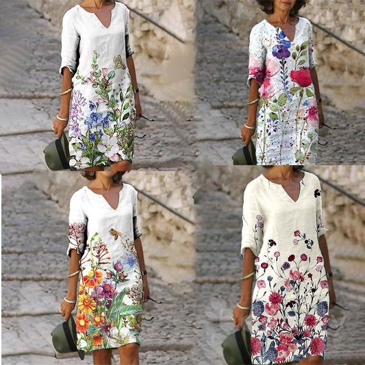 Flower Leaves Printing Rendering V-neck Dress d080b4ab d6e6 4923 923c f7aed80bbae7