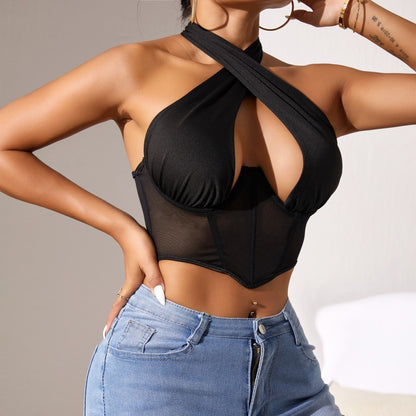 Top Stitching Mesh See-through Cross-halterneck Fishbone Bra d1f2c46b aab1 48b4 86d4 cbb4a2bcef63
