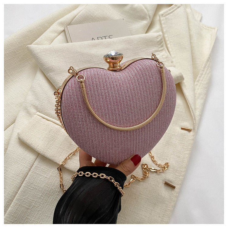 Evening Clutch Bag Women Bag Shiny Handbag Heart Shape Metal Clutches Bag Fashion Chain Shoulder Crossbody Bag Luxury Lady Pu