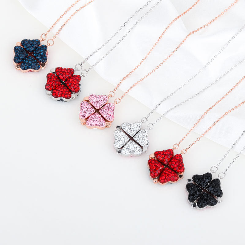 Sterling Silver Double-sided Four-leaf Clover Can Be Opened And Closed, A Double-wearing Clavicle Chain d2d8f3f1 35b5 4f02 bf