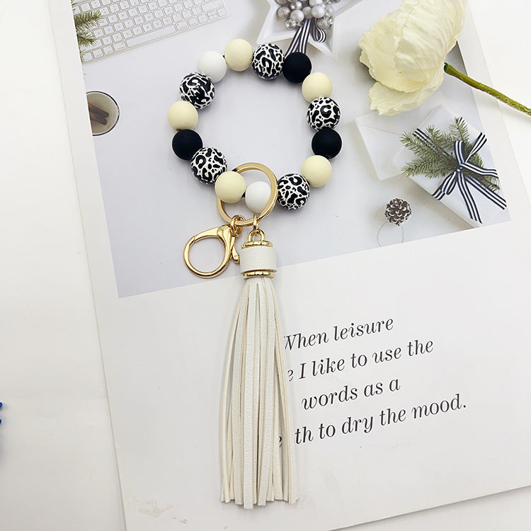 Black Leopard Print White Background Wooden Bead Keychain d3353c66 5040 473f ab40 a943470f594f