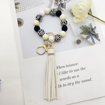 Black Leopard Print White Background Wooden Bead Keychain d3353c66 5040 473f ab40 a943470f594f