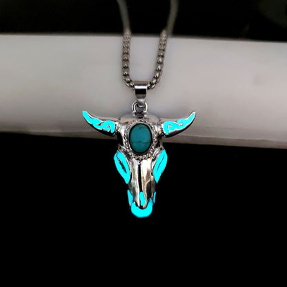 Men's Turquoise Gemstone Bull Head Luminous Stainless Steel Necklace d4d9845d 10c7 4c9b 8417 1b2340f7b4a3