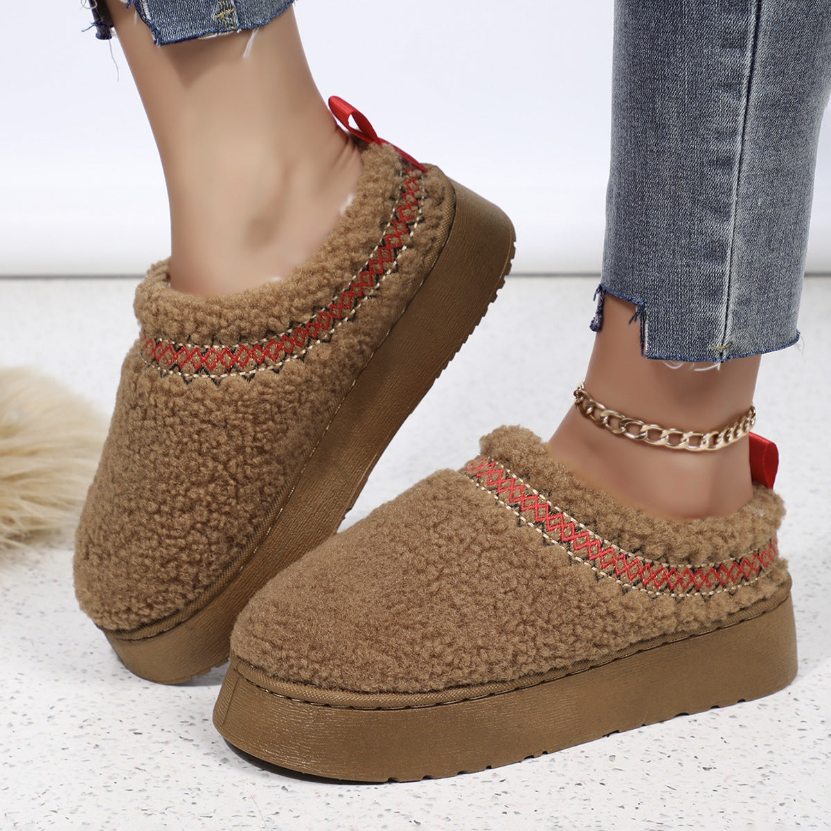 New Ethnic Style Sewing-edge Plush Slippers Winter Indoor Floor Thick-soled Slipper Fashion Outdoor Warm Garden Shoes d514957