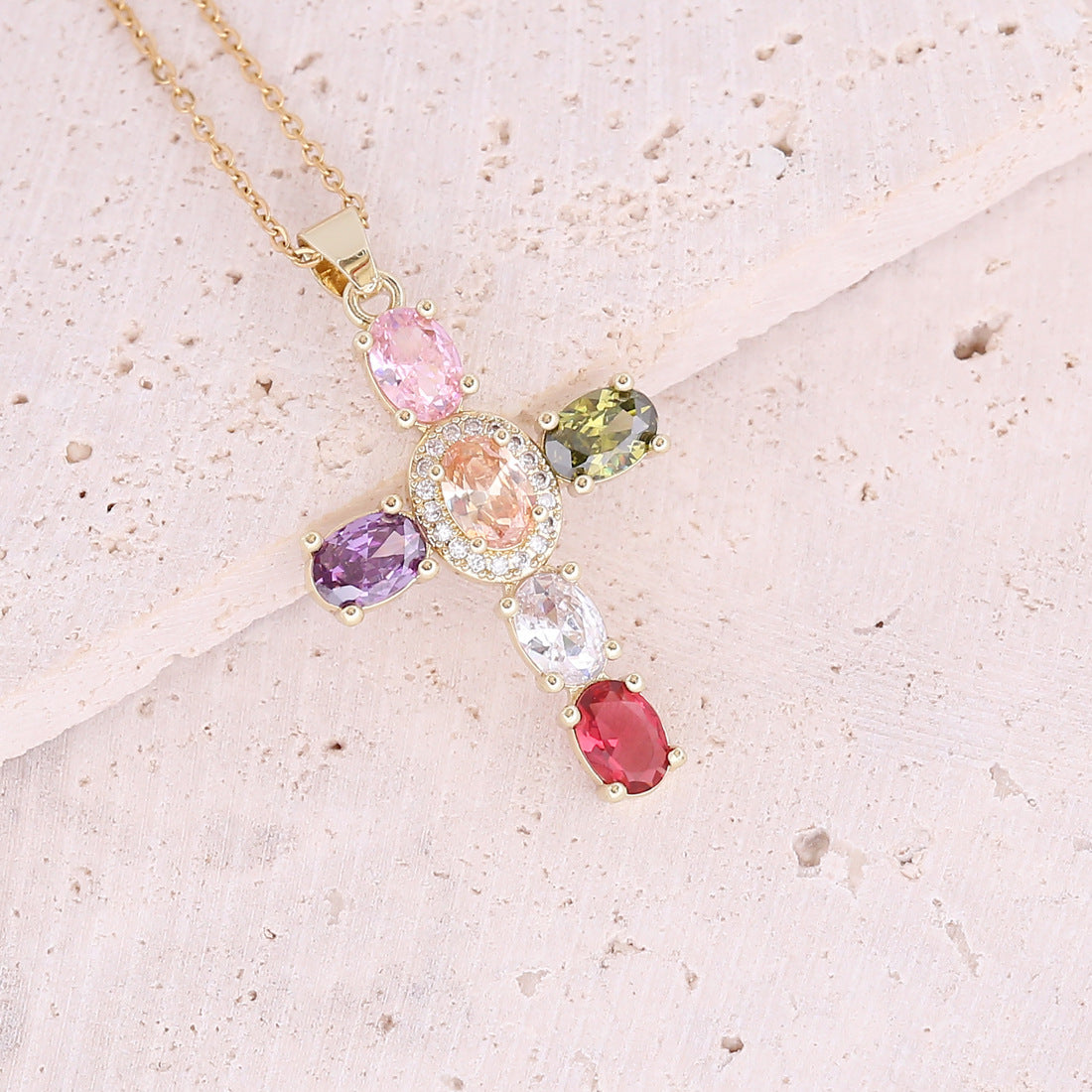 Copper Micro Zircon-laid Necklace Multicolor Cross Pendant Hip Hop Necklace Clavicle Chain d576152a da60 4f82 b772 94ec53681a